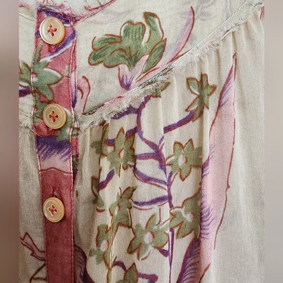 DONNA KARAN Tan Red Cotton Silk Floral Print Long Sleeve Tunic Blouse SZ Small